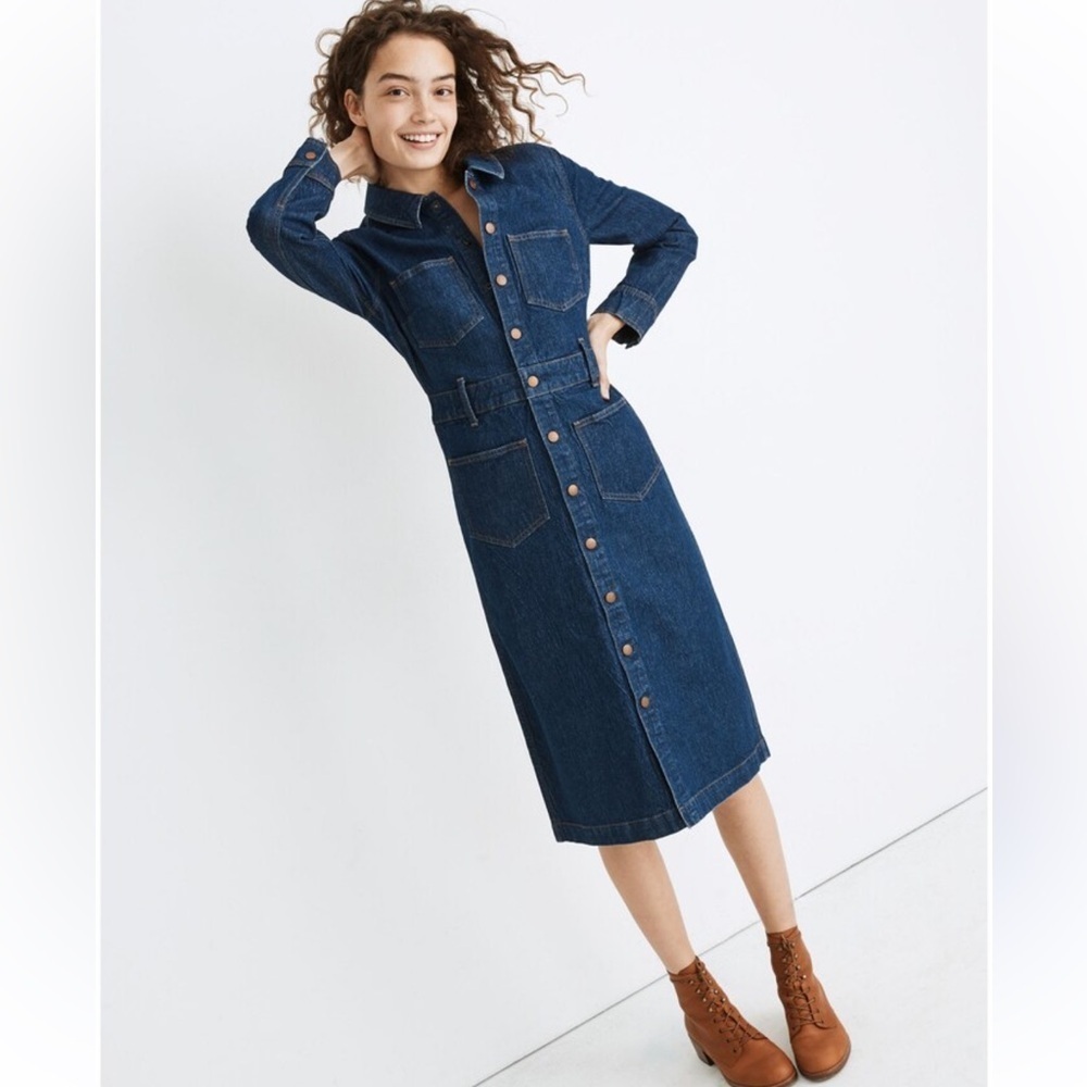 Madewell Denim Snap-Front Midi Shirtdress in Everthorpe Wash Size 12 NWT